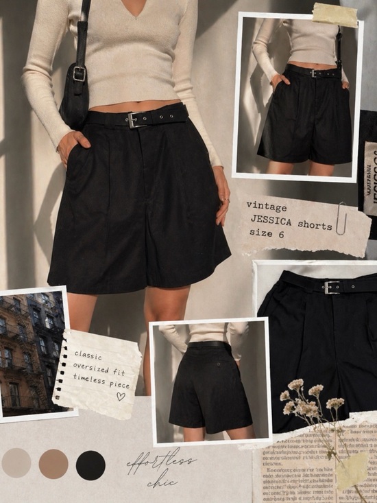 Vintage Pants - Vintage Jessica Black Pleated Shorts Belted High Waist Size 6 Chic